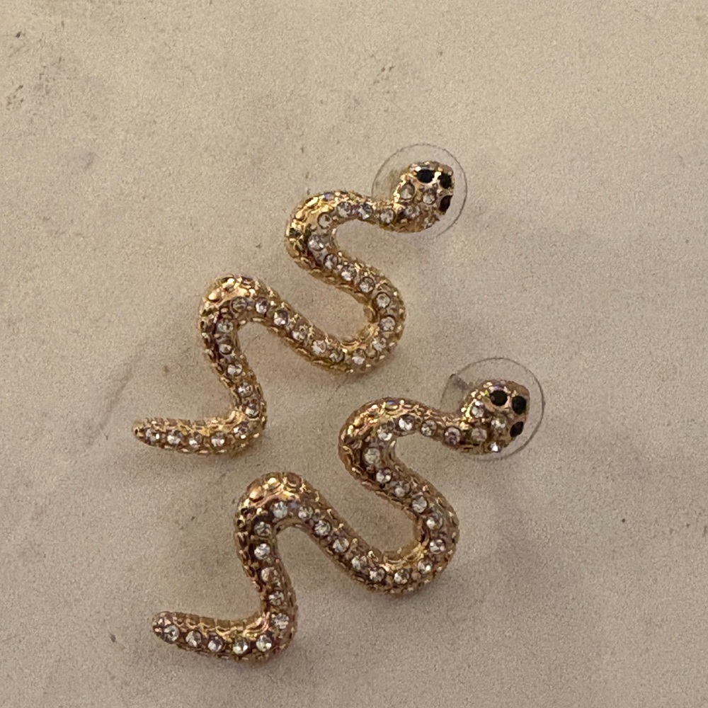 Gold Snake Earrings with Rhinestones